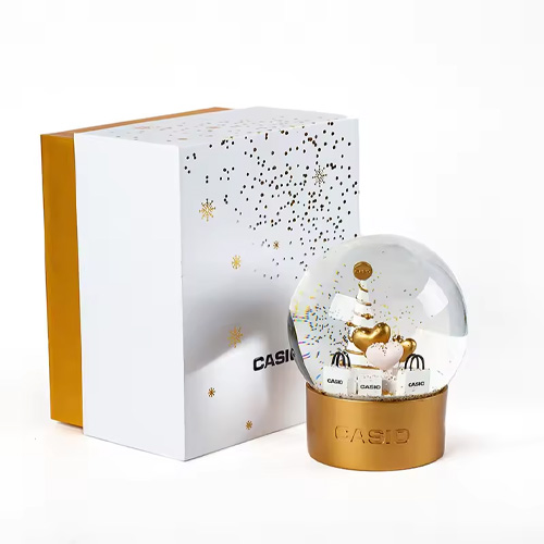 Transparent Glass Casio Brand Souvenir Rotating Snow Globe Gift Promotion for Decoration