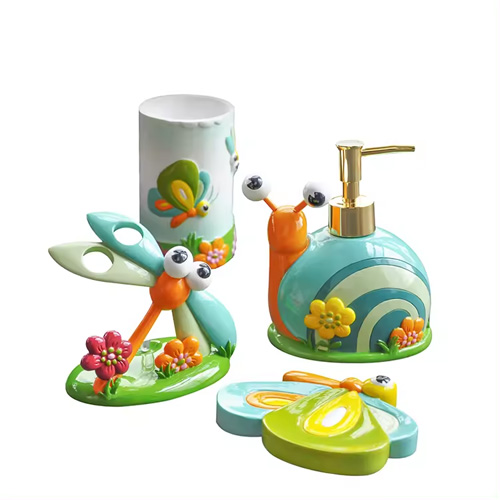 Cute modern children style hand-painted polyresin kids bathroom accessories set